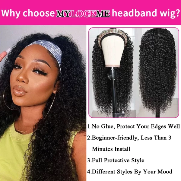 Headband Wig Human Hair Kinky Curly MYLOCKME No Glue Full Machine Made Brazilian Remy Human Hair Wigs For Women 180% Density - Image 4